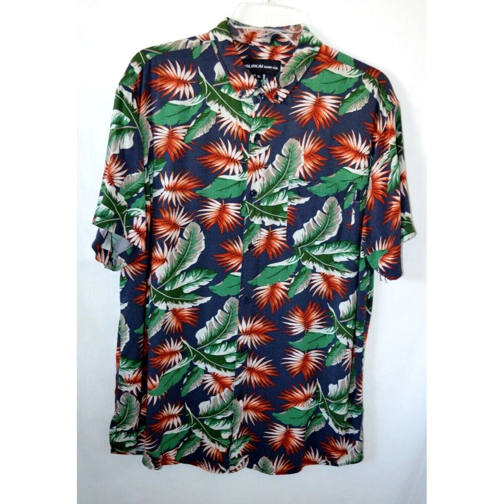 MOLOKAI SURF CO. MEN'S XL Hawaiian Shirt Tropical Leaves Black Green Brown